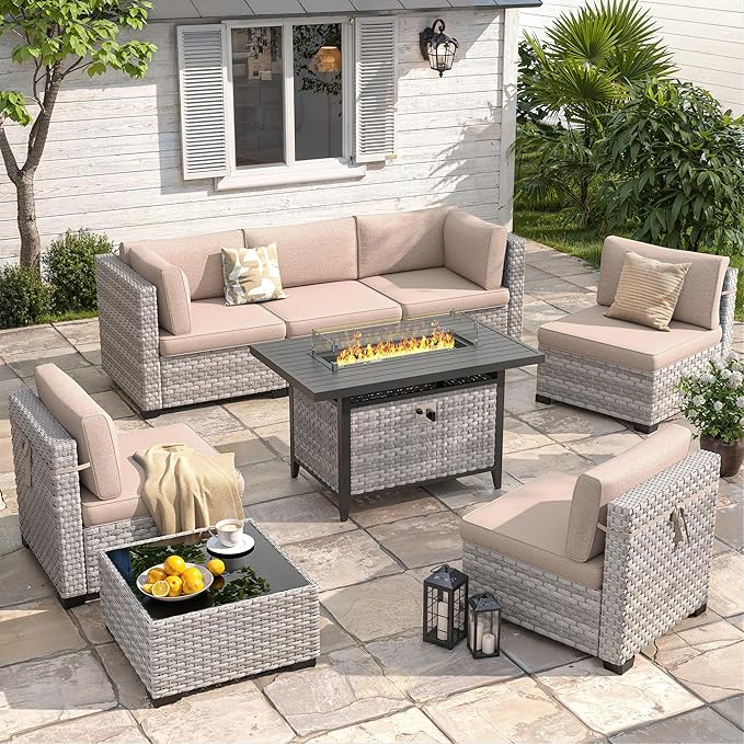 6-Seat Modern Outdoor Wicker Rattan Patio Furniture Set with 55,000 BTU Fire Pit Table, Thick 4″ Cushions, All-Weather Dual-Strand Rattan, Rust-Resistant Steel Frame,Beige