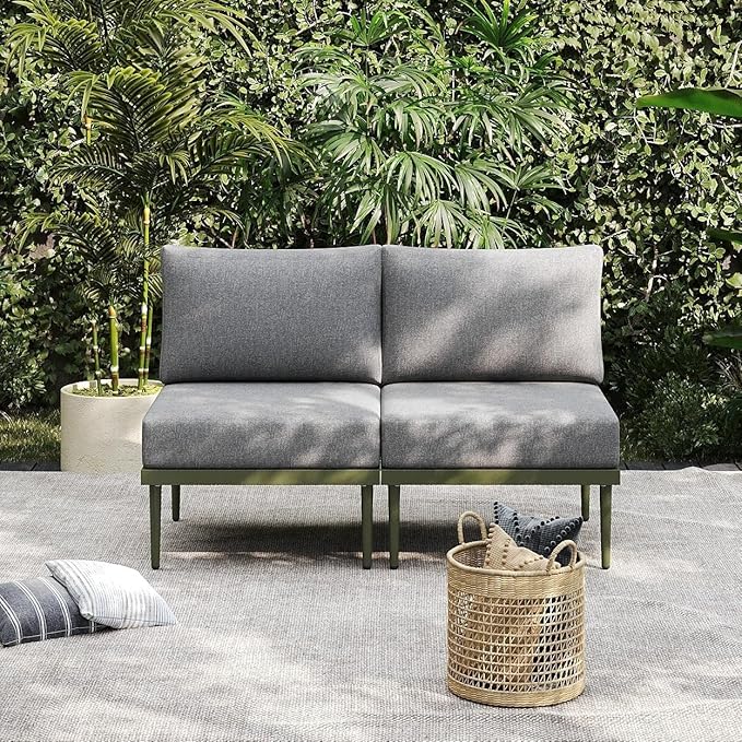 Sundale Outdoor 2 Pieces Patio Sofa Set, Metal Outdoor Sectional Loveseat with 6 Inch Olefin Cushion, All-Weather Modern Patio Chair Sets for Porch, Balcony