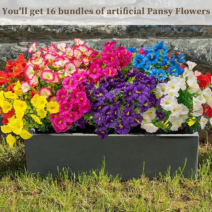 16PCS Artificial Fake Flowers for Outdoors/Indoors, Faux Silk Colorful Morning Glory with Eucalyptus, UV Resistant Realistic Floral Arrangement for Garden Porch Window Box Home Balcony Yard (8 Colors)