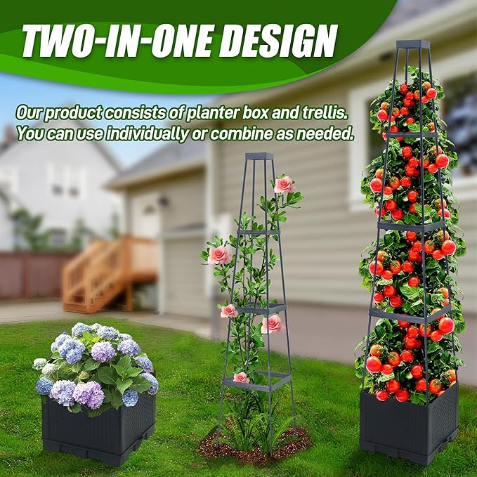 2 Packs Raised Garden Bed Tomato Planter Box with Trellis,56.8" Self-Watering Tomato Cage with Trapezoidal Trellis for Climbing Plants Flowers Vegetables Vine in Patio Garden Indoor Outdoor