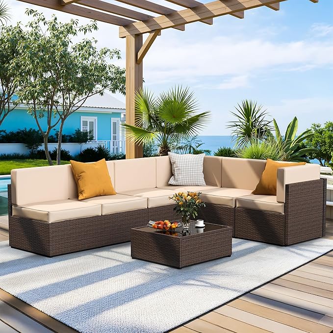 Pamapic Patio Furniture Set, 7 Pieces Modular Outdoor Sectional, Patio Sectional Sofa Conversation Set, Rattan Sofa with Coffee Table and Washable Cushions Covers (Brown Sugar)