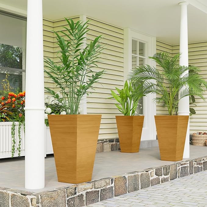 Outsunny Tall Planter for Outdoor Plants Set of 3, 28 Inch Taper Planter with Drainage Holes, Wood Grain Decor Garden Pot for Indoor Outdoor Porch Patio Backyard, Light Brown