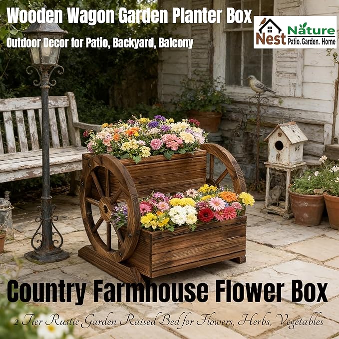 NestNature Wooden Wagon Planter Box,Raised Garden Bed,Decorative Garden Planters with Wheels-Outside Flower Pots for Indoor/Outdoor Décor Plants