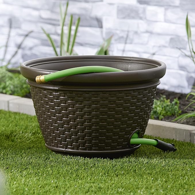 Suncast 4 Pack Wicker Hose Pot, Decorative Resin Garden Hose Storage, 100ft 5/8in Standard Vinyl Hose Capacity with 4 Drain Holes, 18in x 12in, Java