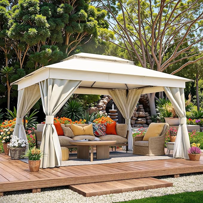 LAUSAINT HOME Semi-Permanent Outdoor Patio Gazebo 10'x13', Heavy Duty Party Tent Shelter with Double Roofs, Mosquito Nettings and Privacy Screens for Backyard, Garden, Lawn, Cream White