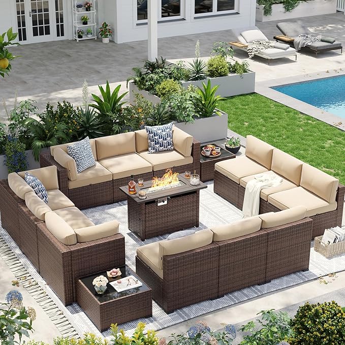 Aoxun Patio Furniture Sets, 15-Piece Outdoor Patio Furniture with 44'' Propane Gas Firepit Table, Wicker Outdoor Conversation Set Sectional Sofa for Backyard, Poolside, Garden