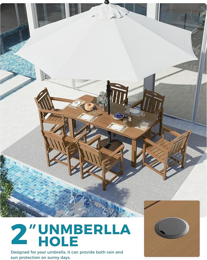 Ciokea HDPE Outdoor Dining Set, 7-Piece Patio Table and Chairs Set with Umbrella Hole, All-Weather Patio Dining Sets for 6, Durable Patio Furniture for Backyard, Garden, Lawn & Poolside, Teak