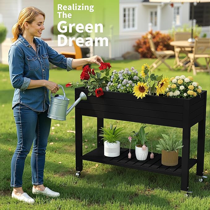 Raised Garden Bed with Legs, 33.66" Tall Self-Watering Resin Planter Box with Lockable Wheels Drainage Plug and Gauge for Vegetables, Flowers, Storage Shelf for Tools and Accessories (Black)