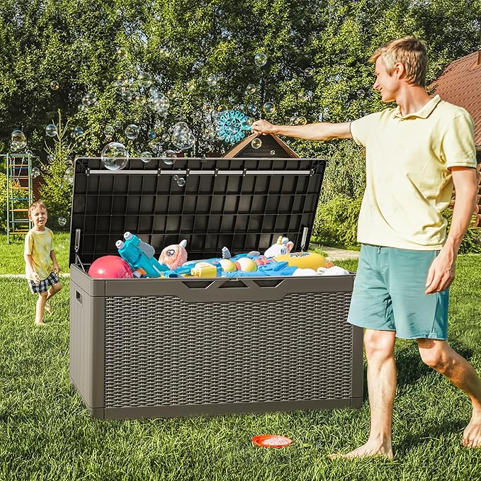 Greesum 100 Gallon Resin Deck Box Large Outdoor Storage with Cushions for Patio Furniture, Garden Tools, Pool Supplies, Weatherproof and UV Resistant, Lockable, Light Coffee