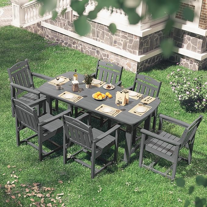 HDPE Outdoor Patio Dining Set with Table & 6 Chairs, All-Weather 7-Piece Outdoor Table and Chairs, 2" Umbrella Hole, Patio Furniture for Garden, Backyard, Deck | Grey