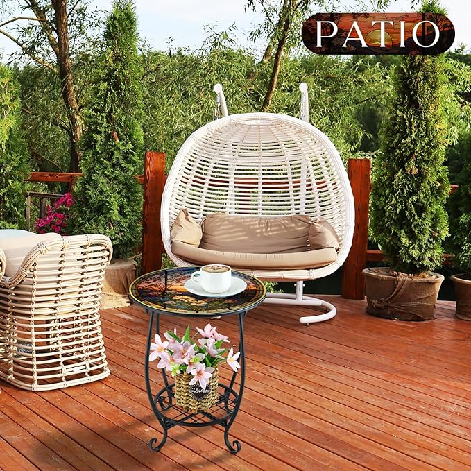 Outdoor Side Table Round Small Mosaic Patio Accent Indoor End Plant Coffee Tea Table for Yard Patio Porch Garden Living Room, Bedroom(Sunset and Flowers,14 Inch)