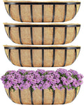 Y&M 4pcs 24 Inch Window Deck with Coco Liner, 24" Window Boxes Horse Trough with Coconut Coir Liner, Black Metal Hanging Flower Planter Window Basket Deck Railing Planter Boxes for Outdoor Indoor