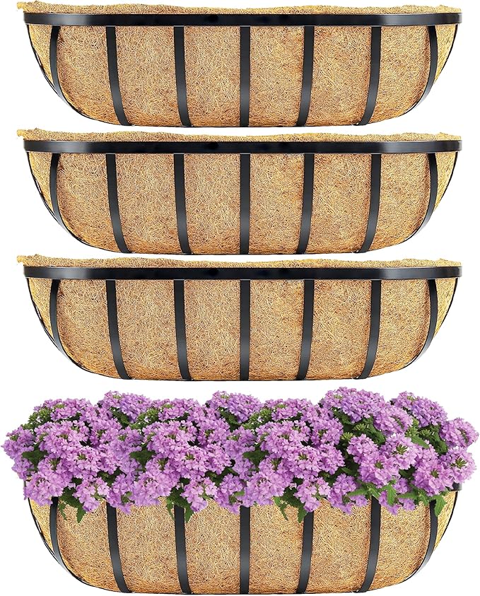 Y&M 4pcs 24 Inch Window Deck with Coco Liner, 24" Window Boxes Horse Trough with Coconut Coir Liner, Black Metal Hanging Flower Planter Window Basket Deck Railing Planter Boxes for Outdoor Indoor