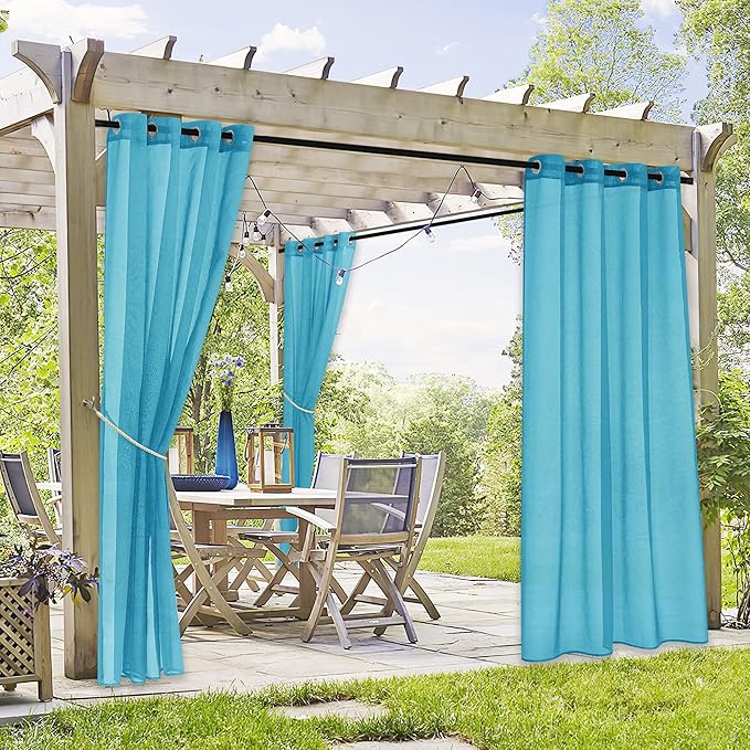 RYB HOME Waterproof Outdoor Curtains - Linen Like Translucent Breathable Sheer Curtains, Quick Dry Easy Slide Draperies for Backyard Patio Verandas, W 54" x L 84", 2 Pieces, Teal