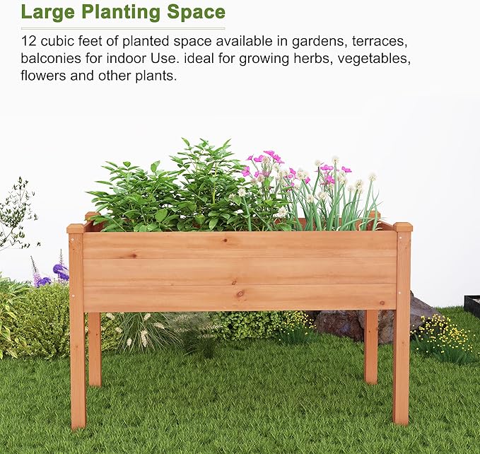 BIRASIL Outdoor Raised Garden Bed, Wood Planter Box for Vegetable Flower, Elevated Reinforced Large Garden Planters Boxes for Backyard Patio Gardening Balcony (48”L, Brown)