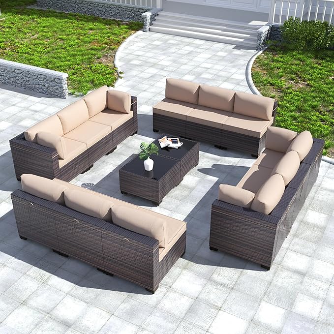 Kullavik 14 Pieces Outdoor Patio Furniture Set PE Wicker Rattan Sectional Sofa Patio Conversation Sets,Sand
