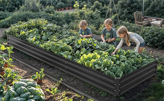 YITAHOME 144x48x12 in Galvanized Raised Garden Bed Kit, Large Metal Planter Box with Gloves, Safety Rubber & Support Rod, Outdoor Flower Bed for Plants Vegetables, Black