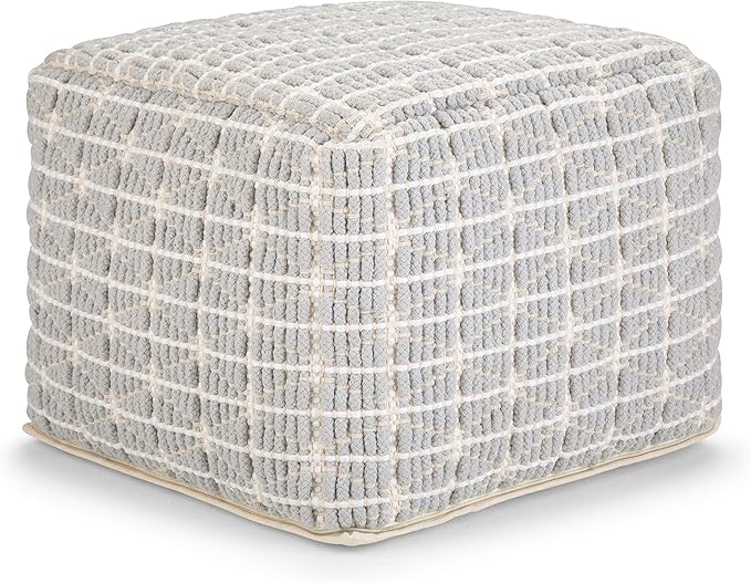 SIMPLIHOME Noreen Square Pouf - 18 inch Wide Upholstered Handwoven Cotton Ottoman in Light Blue and White, Boho Footstool or Extra Seating for Living Room with Polystyrene Filling, Assembled