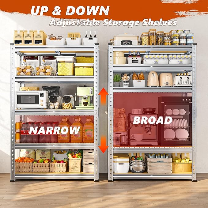 REIBII Garage Shelving, 5 Tier Storage Shelves Load 2400LBS, Adjustable Garage Shelves Heavy Duty, Metal Shelving Unit with Waterproof Columns for Warehouse, 35.5" W x 11.9" D x 72" H, Galvanized