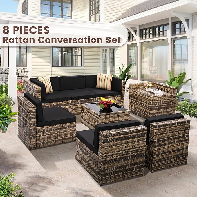 8-Piece Patio Furniture Set, Outdoor Wicker Rattan Sectional with Thick Cushions, Glass Top Table with Hidden Storage, Outdoor Conversation Set for Backyard, Porch, Patio, Black