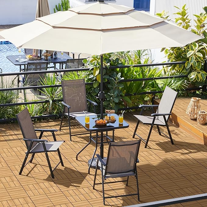 Yaheetech Outdoor Bistro Table with Umbrella Hole, 28in Patio Square Dining Table w/Silk Printing Glass Top, Weather-Resistant Patio Table for Garden Poolside Balcony Backyard, Black