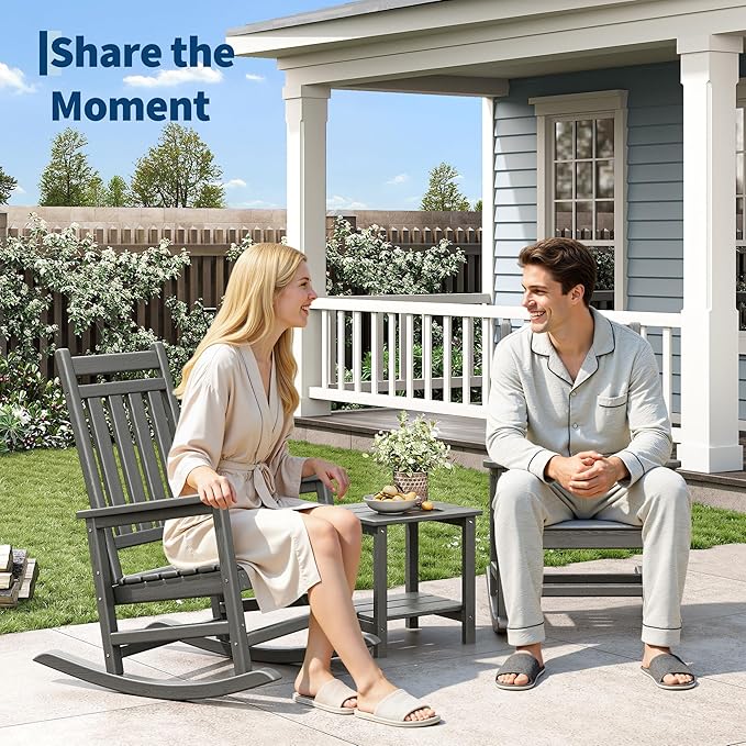 HDPE Rocking Chair Outdoor Set of 2 with Side Table - Poly High Back Porch Rocker Chairs for Adults - All Weather Resistant Furniture for Patio Front Porch - Gray
