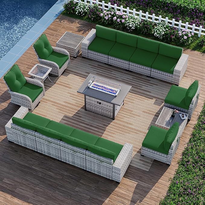 16-Piece Outdoor Patio Furniture Set with Rocking Swivel Chair, PE Wicker Rattan Sectional Sofa Patio Conversation Set with 55,000 BTU Fire Pit Table & Coffee Table, Green
