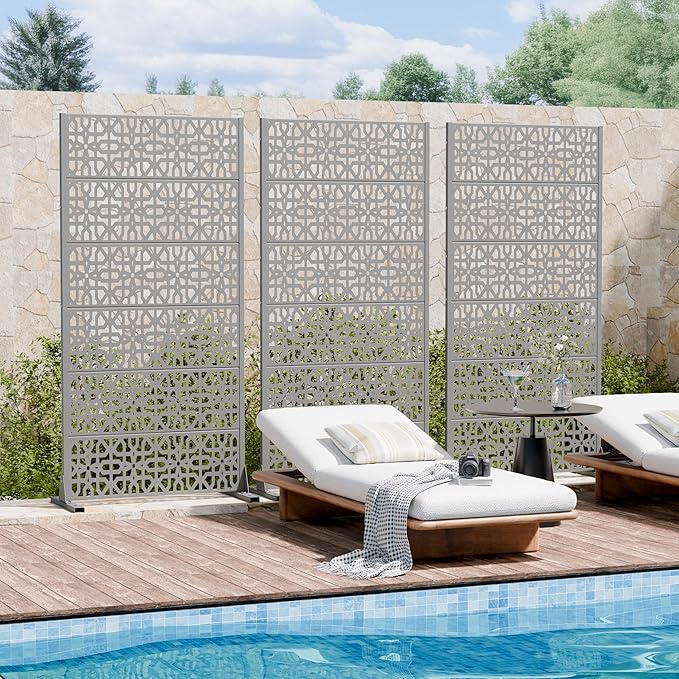 Casaphoria Metal Privacy Screen Outdoor, 72" H x 35" W Freestanding Decorative Privacy Screen for Patio Deck Balcony Garden with Stable Base, Grey-Perilla
