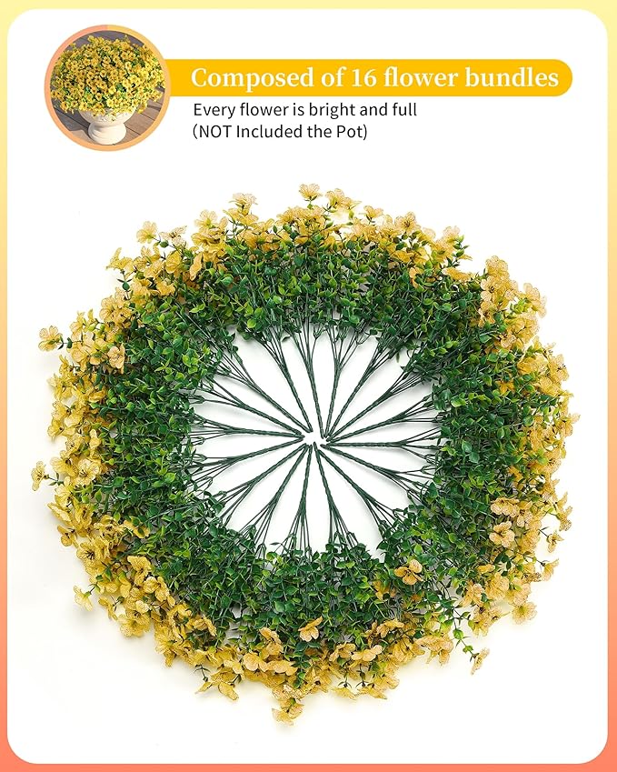 JAKY-Global Artificial Flowers for Outdoors Faux Outside Plants Spring Summer Decorations 16 Bundles UV Resistant Silk Daisy Fake Eucalyptus Realistic Yard Porch Patio Window Planter Box Decor-Yellow