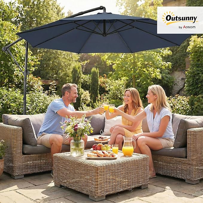 Outsunny 10 ft Offset Patio Umbrella with Cover, Round Hanging Cantilever Umbrella with 6-Position 360° Rotation, Crank Handle, Tilt, Cross Base, Heavy Duty Outdoor Umbrella for Garden