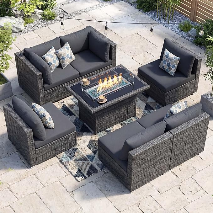NICESOUL Extra Large Rattan Patio Furniture Set with Gas/Propane Fire Pit Table, 29.3'' High Back Comfy Outdoor Sofa Conversations, 7 Piece Moden Deep Wide Seated Sectional Couch for Backyard, Gray
