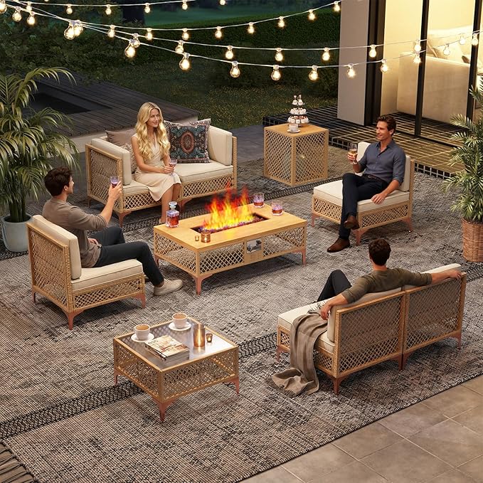 LYNSLIM Outdoor Patio Furniture Set, Wicker Outdoor Sectional Set with Large Fire Pit Table, Boho Patio Conversation Sectional Sofa with Large Tempered Glass Coffee Table and Waterproof Cushion