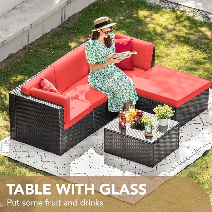 Devoko 5 Pieces Patio Furniture Sets All Weathevr Outdoor Sectional Patio Sofa Manual Weaving Wicker Rattan Patio Seating Sofas with Cushion and Glass Table (Red)