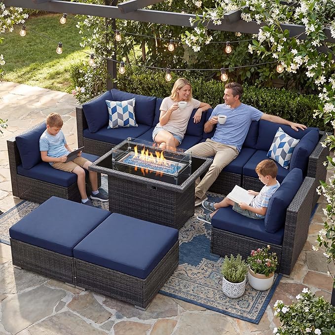 NICESOUL 9 Piece Oversized Outdoor Patio Furniture Set, 29.3'' High Back Comfy Sectional Sofa Set with Firepit Natural Gas & Propane, Deep Seating Conversation Couches, 2 Color Cushion Navy & Gray