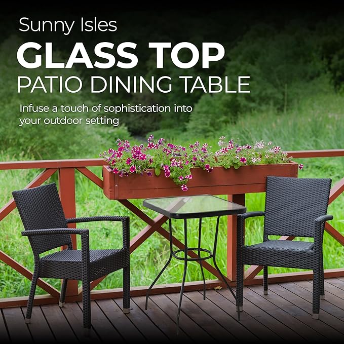 Four Seasons Courtyard Sunny Isles 24 Inch Outdoor Patio Bistro Dining Table Backyard Squared Furniture with Tempered Glass Tabletop, Black