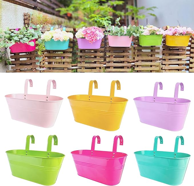 LaLaGreen Rail Planter Outdoor Plants (11.2 Inch, 6 Pack) Colorful Metal Iron Strawberry Hanging Flower Pots Deck Railing, Fence Wall Mount Bucket Modern Window Box Hooks Porch Garden Outside Decor