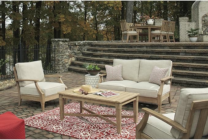 Signature Design by Ashley Clare View Coastal Outdoor Loveseat, Cushioned with Nuvella Fabric, Protective Finish, Eucalyptus Wood, 55.5" W x 35" D x 32" H, Beige