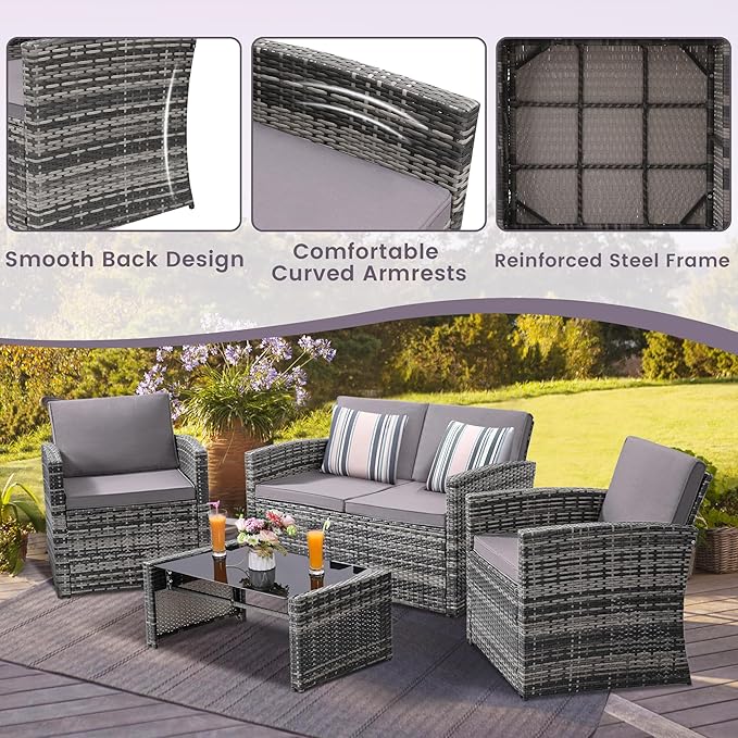 4-Piece Patio Furniture Set, Wicker Outdoor Rattan Sectional Sofa with Cushions and Glass Table, All-Weather Outdoor Conversation Set, Ideal for Garden, Porch, Backyard, Grey