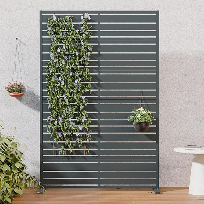 Casaphoria Metal Privacy Screen Outdoor, 72" H x 47" W Freestanding Decorative Privacy Screen for Patio Deck Balcony Garden with Stable Base, Grey-Benjamin