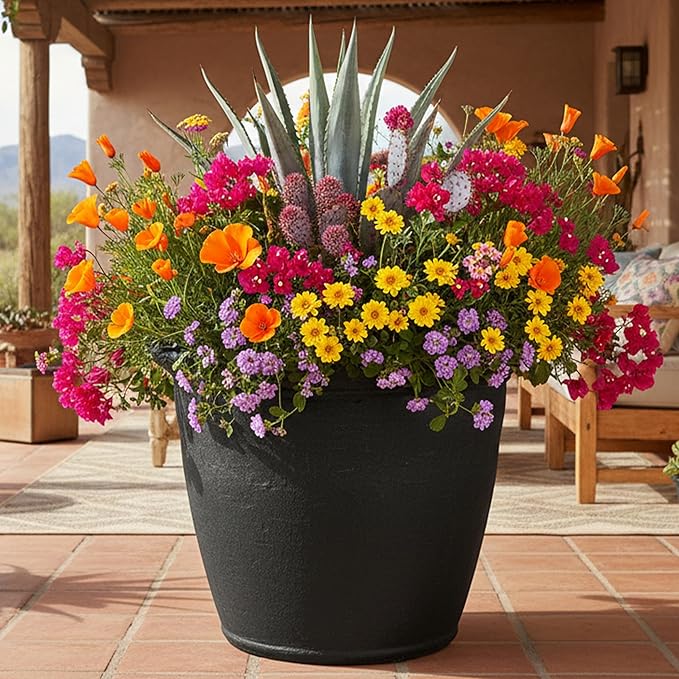 Sunnydaze 20-Inch Anjelica Large Plastic Pot for Plants - Outdoor Double-Walled Large Plastic Planter with Drillable Drainage Holes - Matte Black