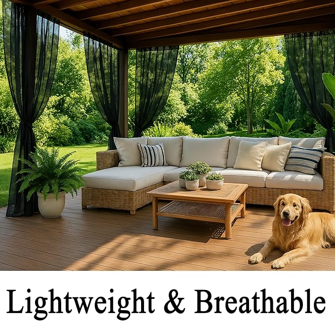 Extra Wide Outdoor Curtains Waterproof Black Voile Mesh Screen Lightweight Privacy Bug Netting for Patio Porch Balcony Pergola Terrace, W125 x L98 inch per Panel, 2 Panels