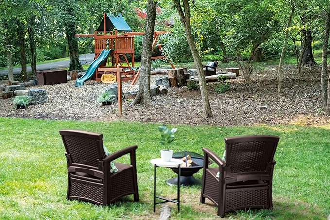 Suncast Outdoor Wicker Love Seat with 23-Gallon Storage, Comfortable Seating for Two, Ergonomic Back Support, All-Weather Furniture for Patio, Deck, and Garden, Java, Made in the USA