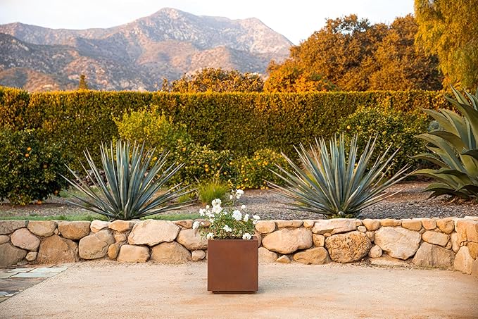 Veradek Corten Steel Series Cube Planter - Square Metal Planter for Outdoor Patio/Garden | Naturally Rusting Steel for All-Weather Use | Modern Rustic Décor for Trees, Flowers, Tall Trees