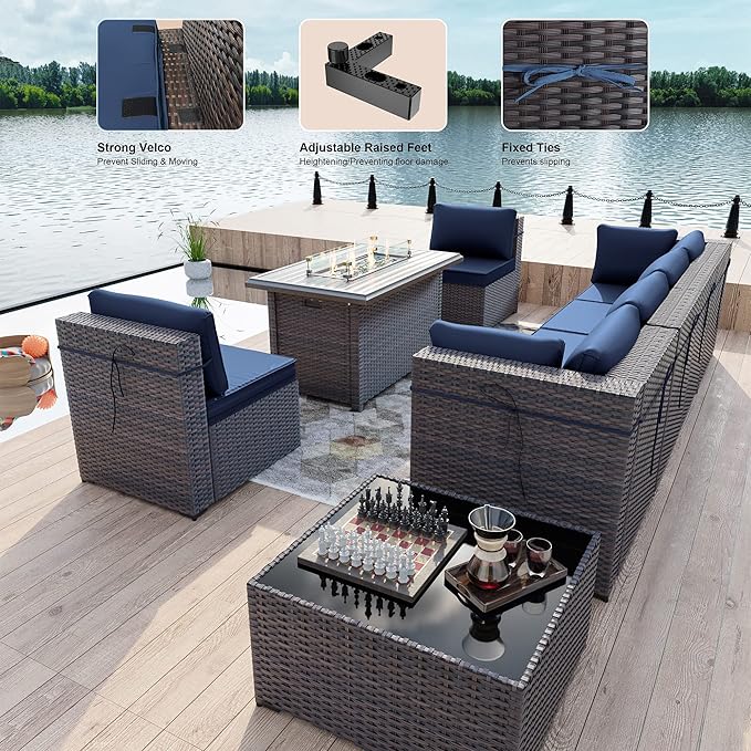 Kullavik 8 Pieces Outdoor Patio Furniture Set with 43" 55000BTU Gas Propane Fire Pit Table PE Wicker Rattan Sectional Sofa Patio Conversation Sets,Navy Blue