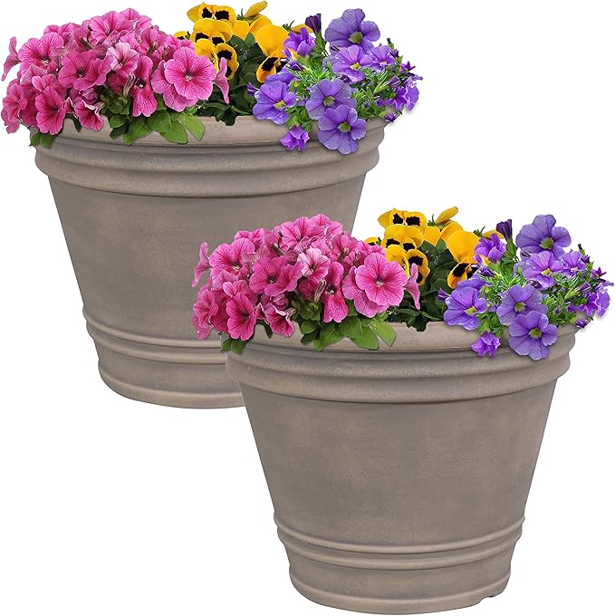 Sunnydaze 20-Inch Franklin Large Plant Pot - Polyresin Round Outdoor Planter with Drillable Drainage Hole - 2 Pack - Beige