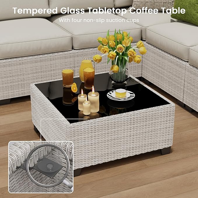 9 Piece Outdoor Patio Furniture Set with 43'' Fire Pit Table, Outdoor Sectional Furniture, Rattan & Wicker Modern Modular Conversation Set Sofa Couch W/Water Resistant Washable Thick Cushions, Beige
