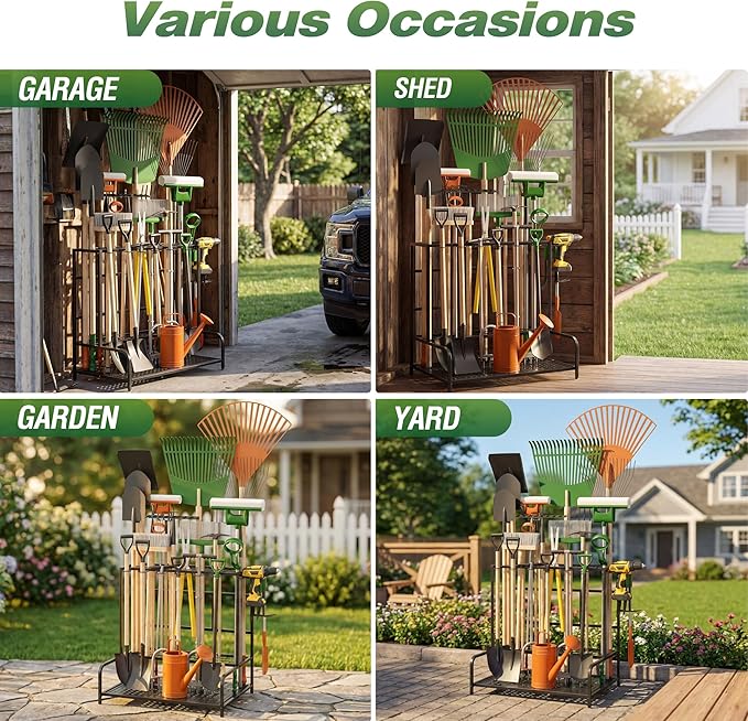 Garden Tool Organizer Rack Up to 39 Tools, Heavy-Duty Steel Yard Tool Organizer for Garage Storage with 12 Hooks, Broom Holder & Garden Tool Rack for Shed, Patio, Outdoor Storage, Black