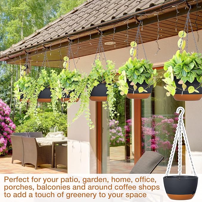 Mumufy 6 Pcs 8 Inch Hanging Planters, Dark Gray, Plastic with Drainage Hole and Removable Saucer, Suitable for Indoor and Outdoor Plants