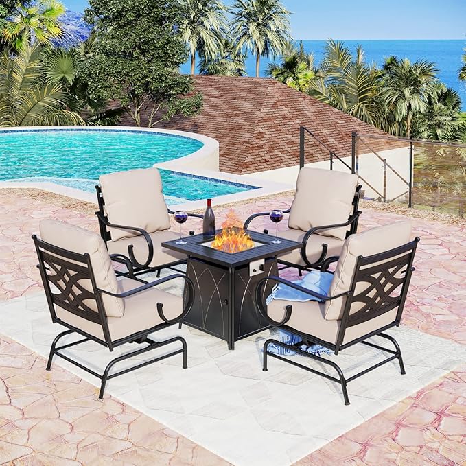 MFSTUDIO 5 Pieces Large Patio Sofa Conversation Set with 28 Inch Propane Fire Pit Table, Metal Outdoor Sectional Furniture with Thick Cushion Motion Chairs Gas Fire Pit