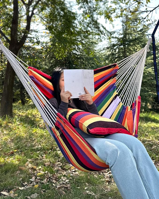 Halalona Hammock Chair Hanging Hammock Chair Rope Swing 2 Cushions Included-Sturdy & Durable Soft Cotton Hand Woven Hammock Swing for Bedroom, Porch, Patio-Indoor/Outdoor